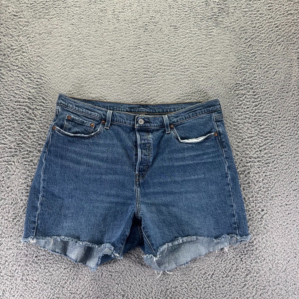 Levi's 501 Short Womens 18 Blue Denim Cut-Off Button-Fly Frayed-Hem Stretch - Picture 1 of 11